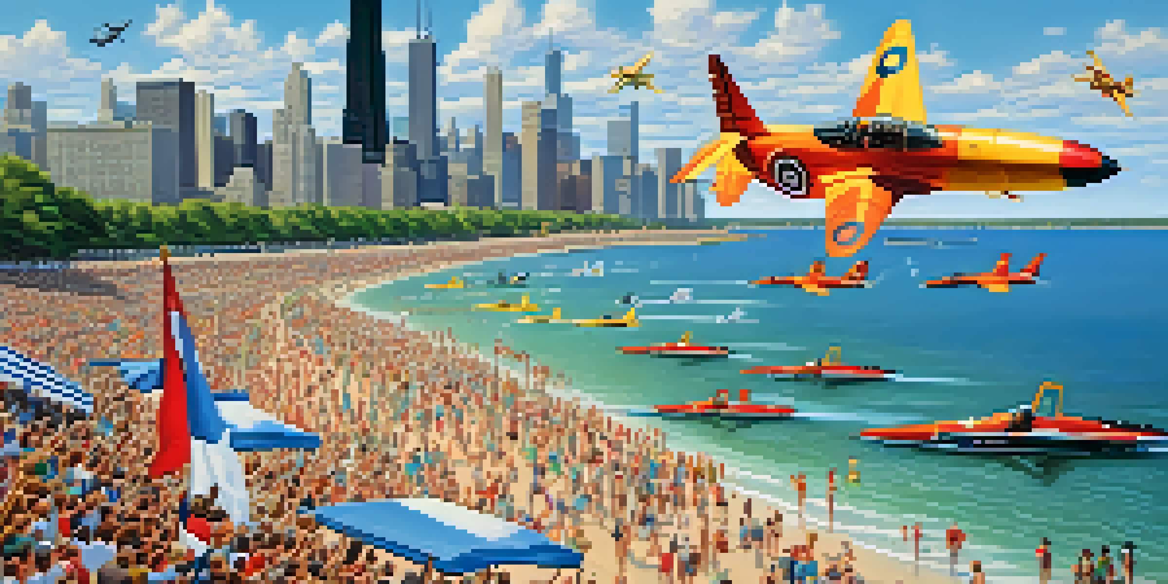 Aerial view of the Chicago Air and Water Show with military jets flying over Lake Michigan and spectators on the beach.