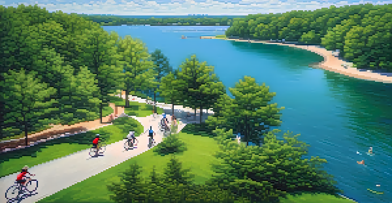 Aerial view of Lake Michigan showing cyclists on a bike path surrounded by greenery and sparkling water.