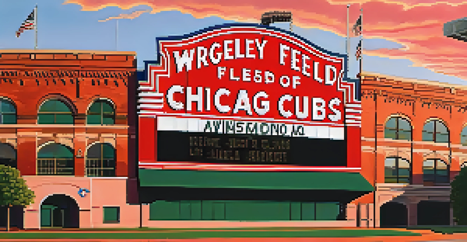 Wrigley Field at sunset, showcasing the iconic ivy walls and a retired number 14 jersey, symbolizing the Chicago Cubs.