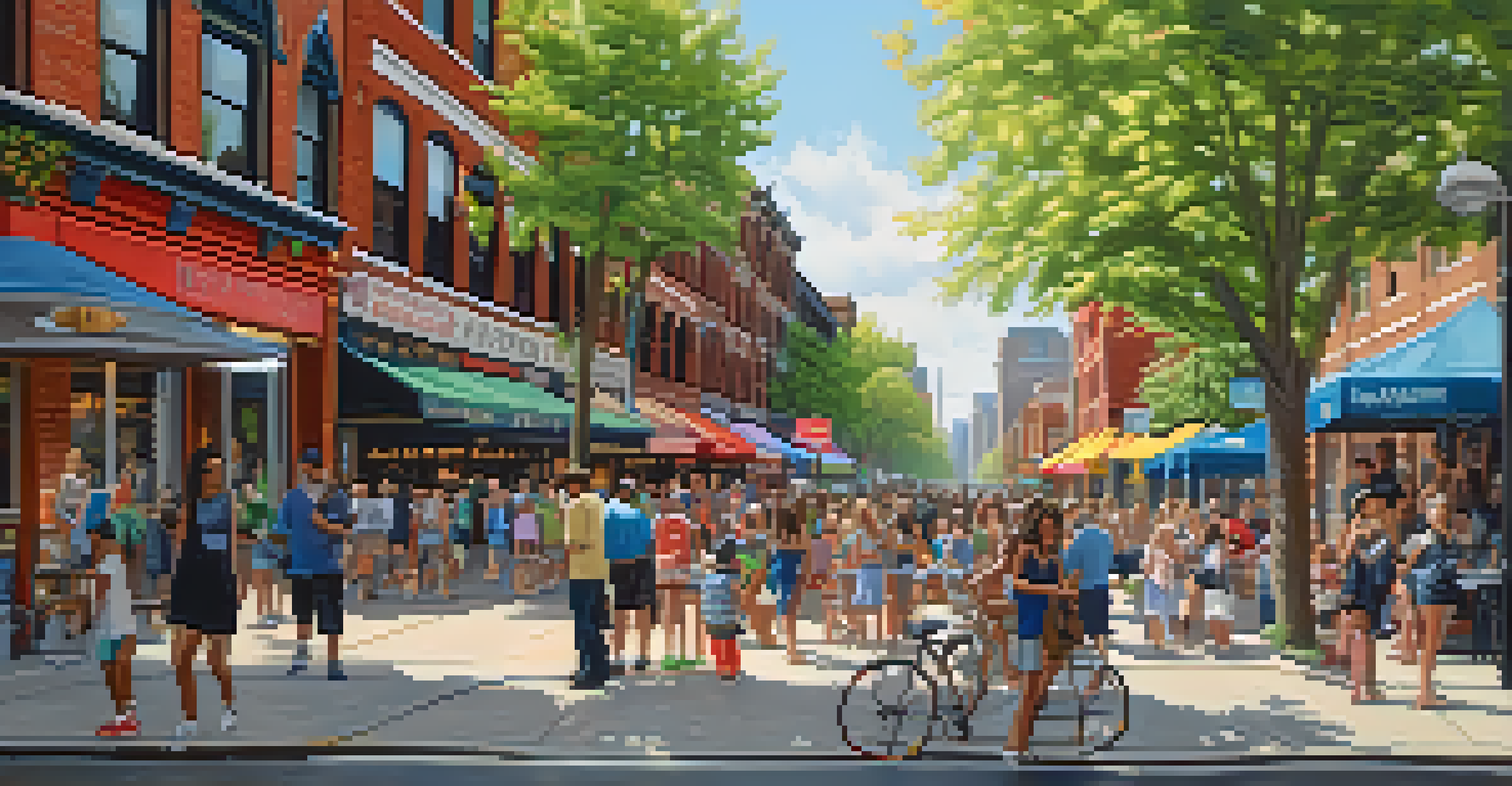 A lively Wicker Park scene with people enjoying events, set against eclectic architecture and colorful street art.
