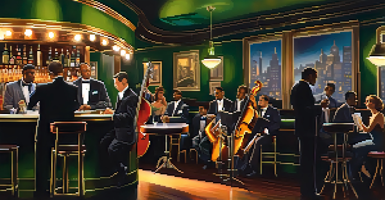 An elegant jazz performance at a vintage bar with a saxophonist in the spotlight.