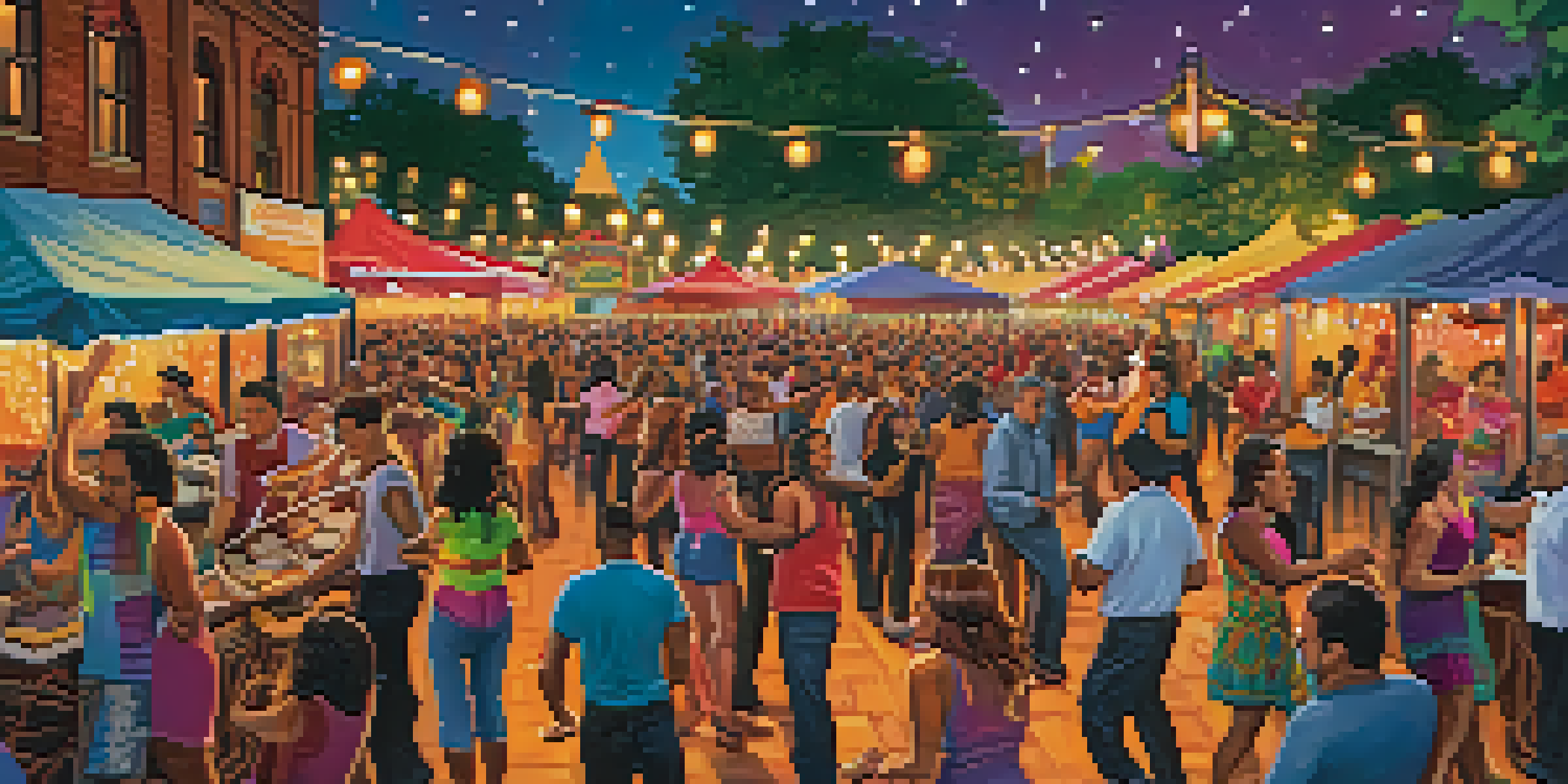 A lively outdoor festival scene with a diverse crowd dancing and enjoying music, colorful lights, and food vendors in the background.