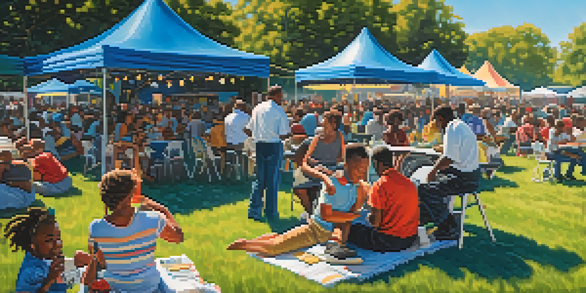 Families enjoying the Chicago Blues Festival with picnic blankets, musicians performing, and food stalls in the background.