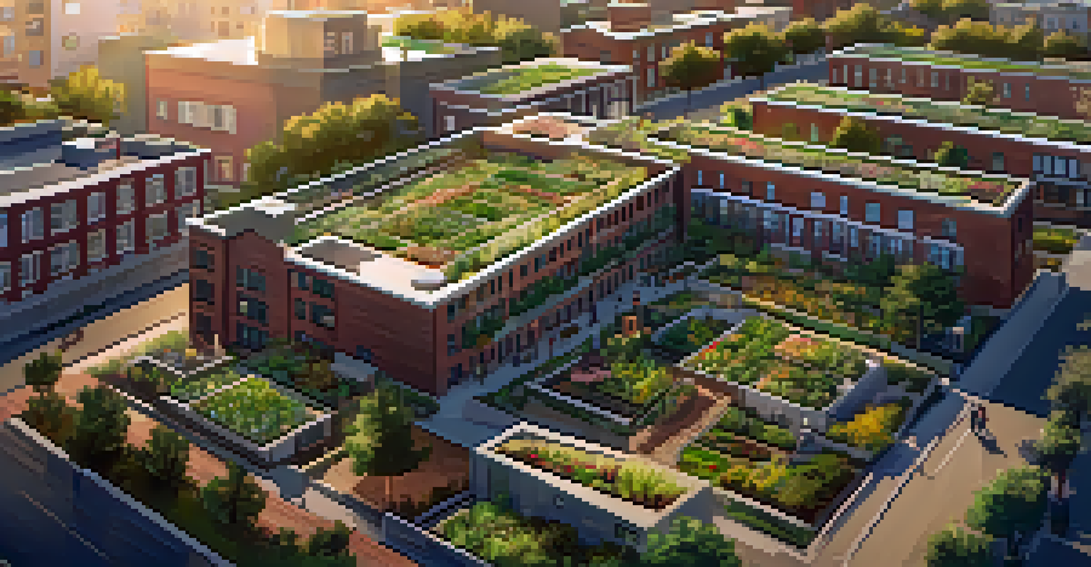 Aerial view of a community green roof garden with residents gardening, surrounded by buildings in warm light.