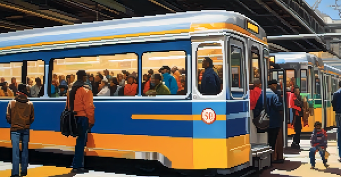 A crowded public transit station in Chicago with diverse commuters waiting for transportation, sunlight streaming in through large windows.