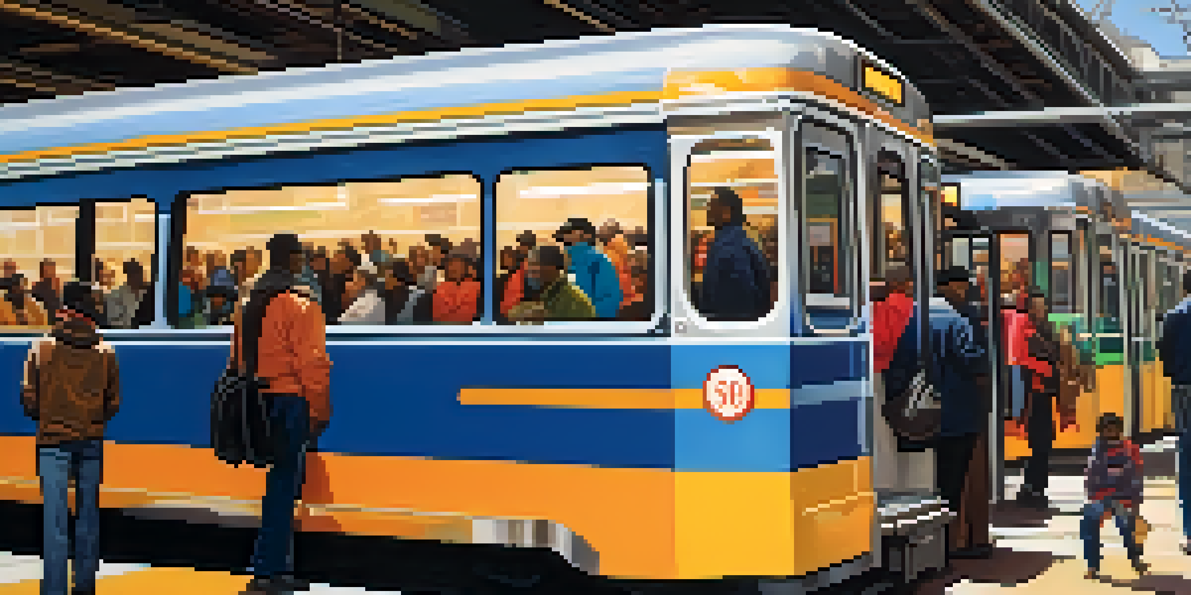 A crowded public transit station in Chicago with diverse commuters waiting for transportation, sunlight streaming in through large windows.