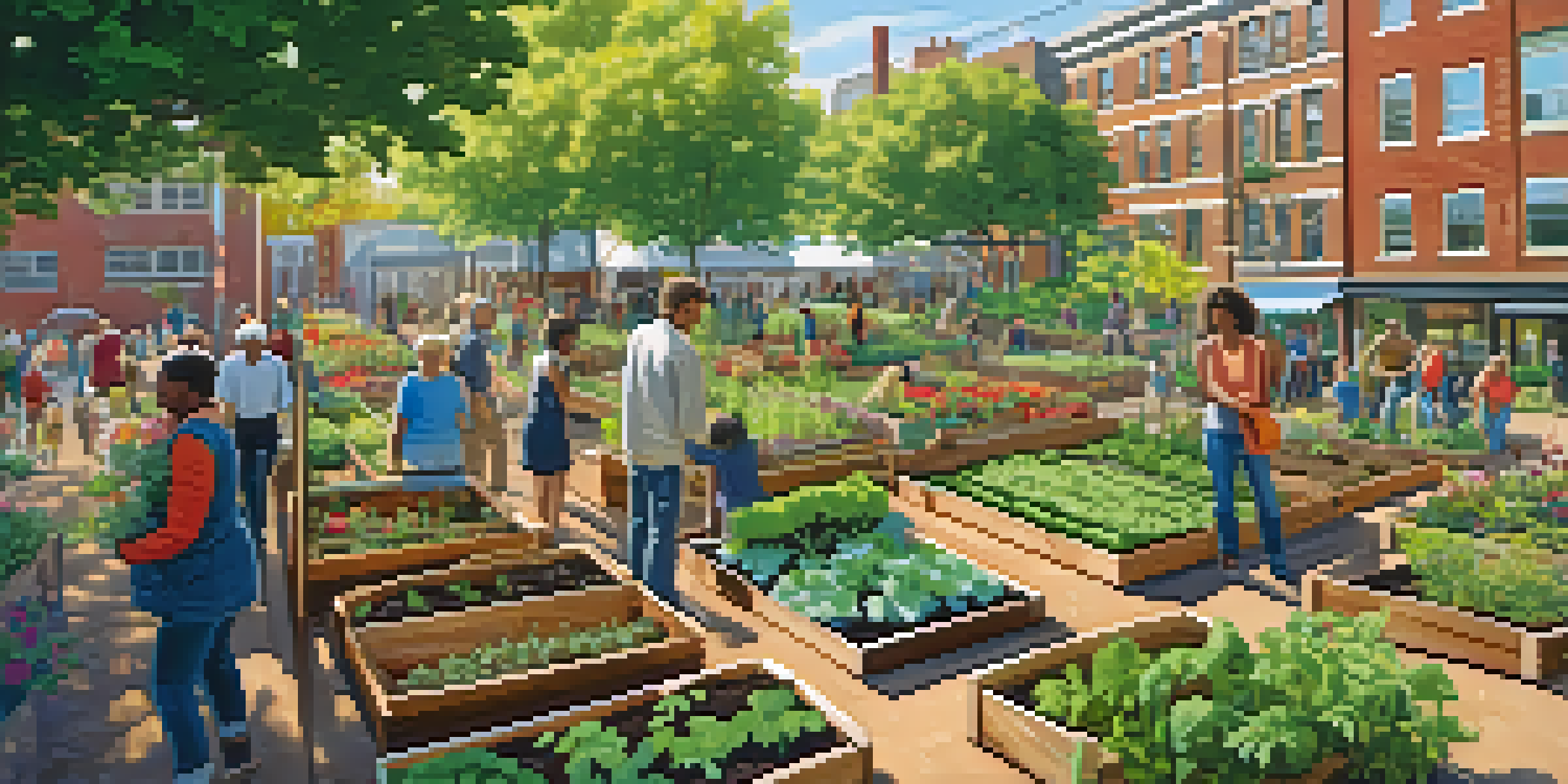 A lively community garden with people planting vegetables and flowers, surrounded by city buildings under warm sunlight.