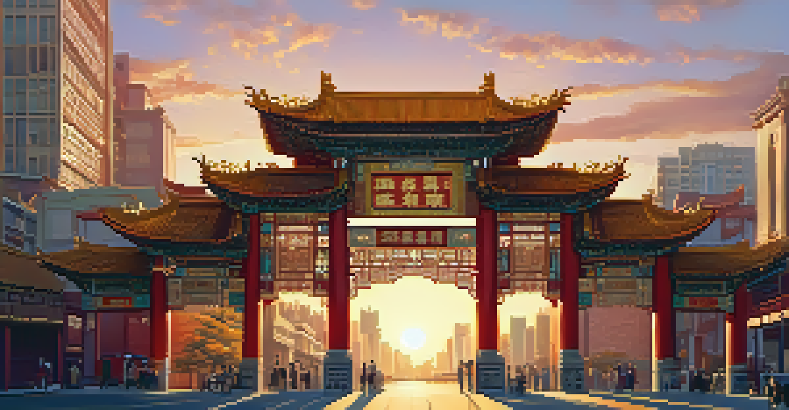 The ornate Chinatown Gate in Chicago, featuring traditional designs and vibrant colors, against a backdrop of modern architecture during sunset.