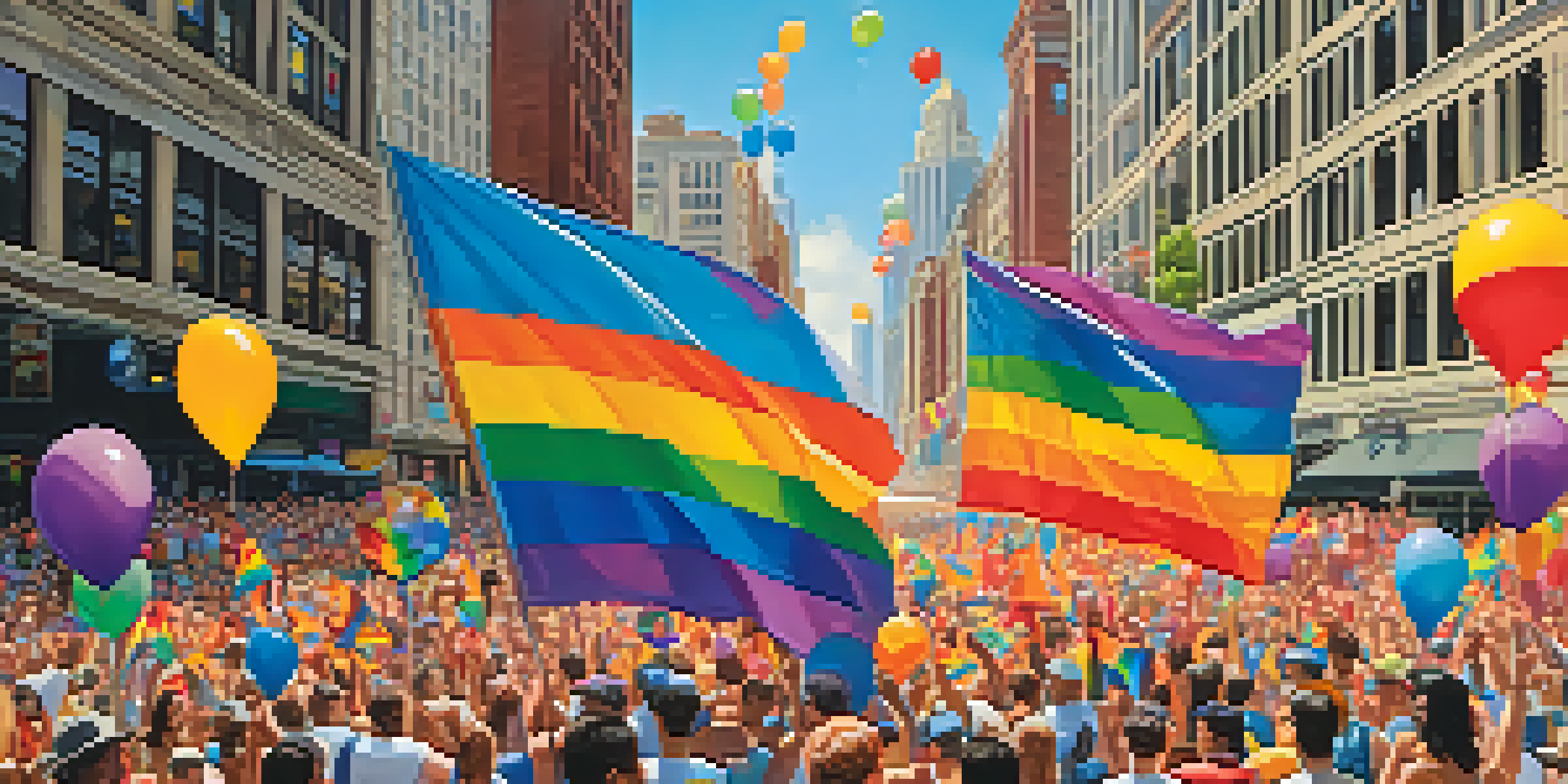 A lively Chicago Pride Parade with diverse participants celebrating, colorful floats, and the city skyline in the background.