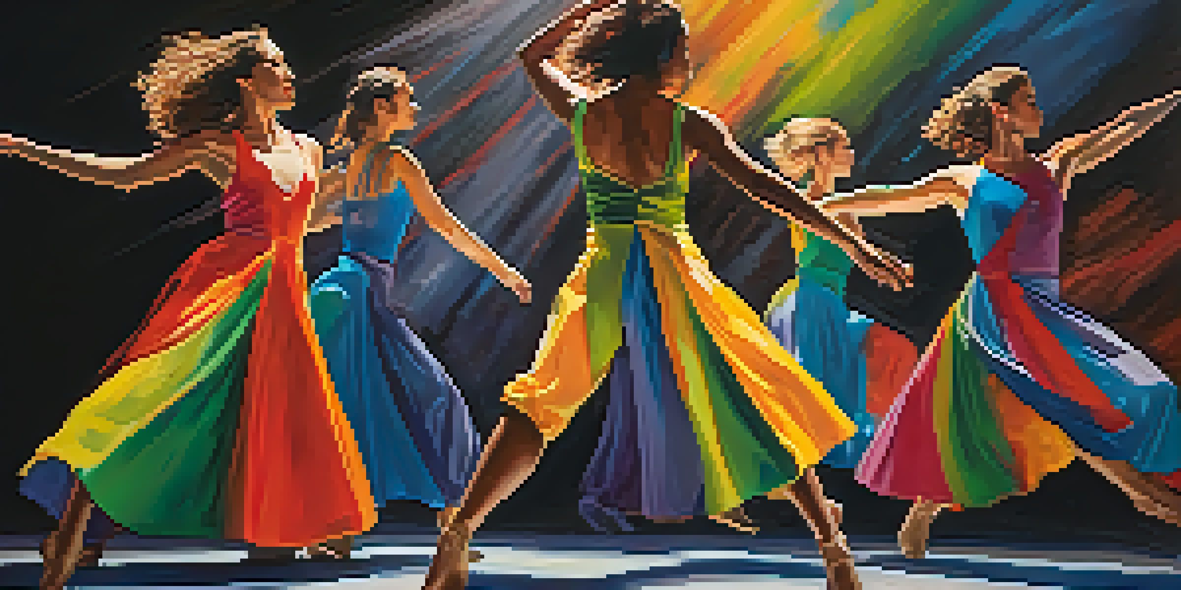A lively modern dance performance with diverse dancers in colorful costumes on stage, illuminated by spotlights and surrounded by an engaged audience.