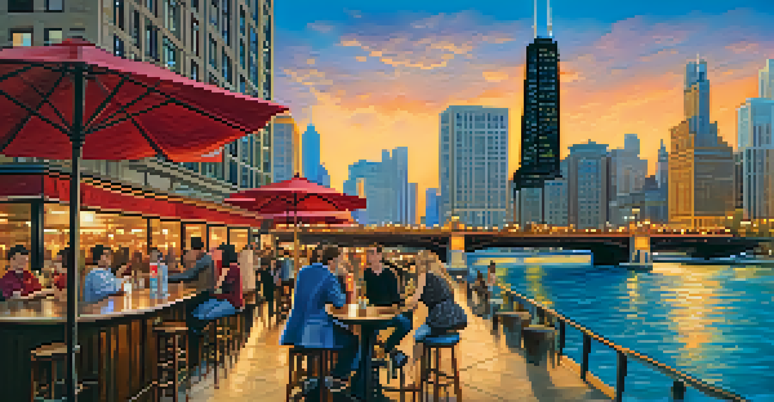 A lively Chicago Riverwalk during sunset, featuring outdoor bar seating and a reflection of the skyline on the water.