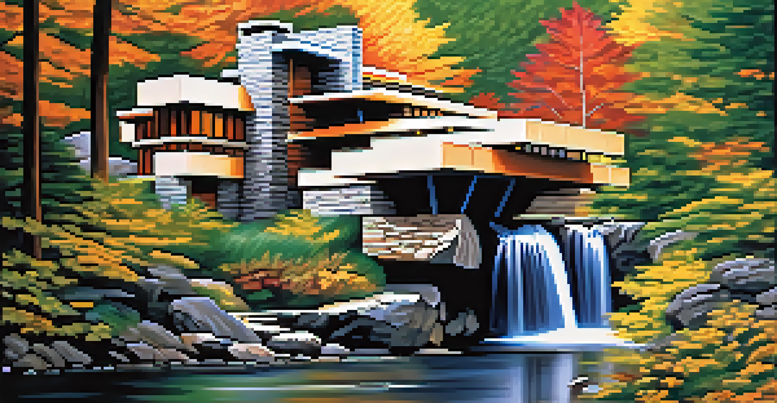 A scenic view of Fallingwater, showcasing its integration with nature and waterfall.