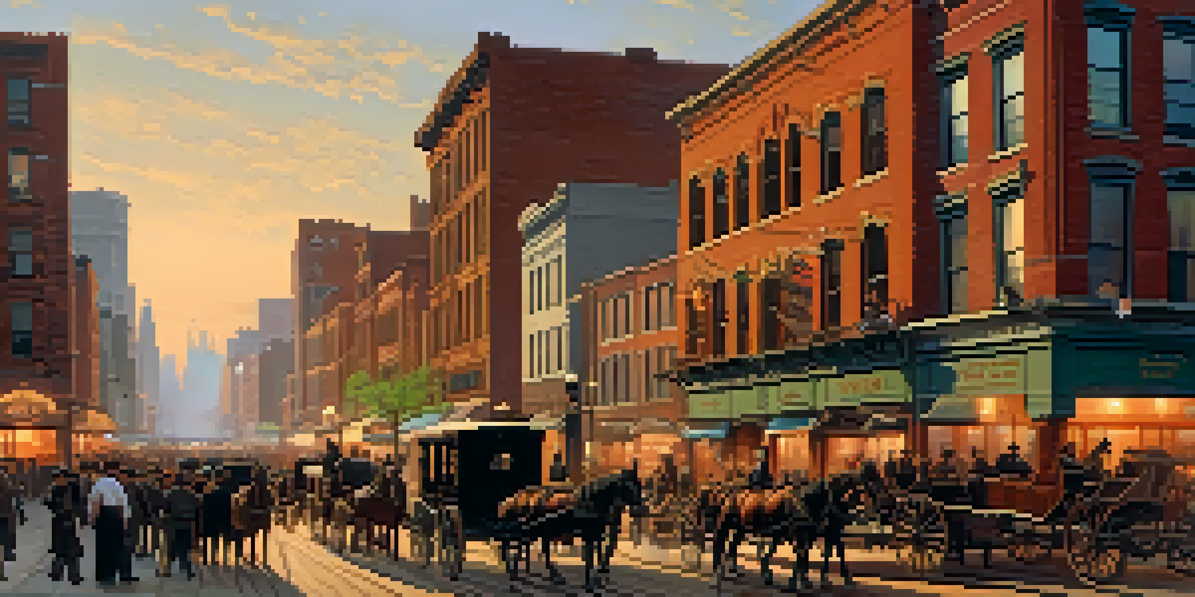 A historical scene of late 19th century Chicago, featuring immigrants and horse-drawn carriages in a vibrant cityscape.