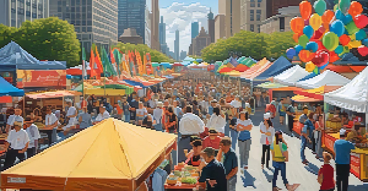 A vibrant scene at the Chicago Gourmet food festival, featuring food stalls, chefs interacting with visitors, and a festive atmosphere filled with music and cultural performances.