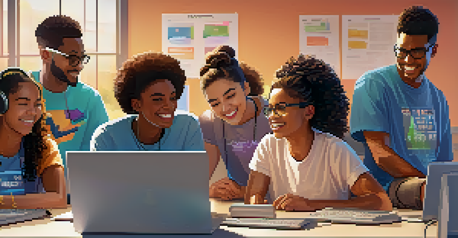 Participants at a coding boot camp in a community center, intently working on their laptops, surrounded by motivational posters about technology.