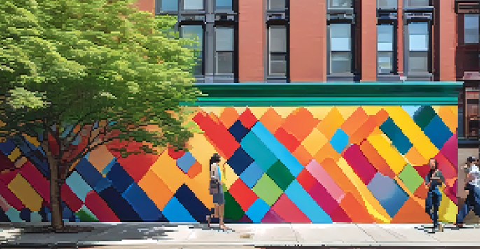 A lively street in River North, Chicago, with people looking at a colorful mural on a brick wall, showcasing abstract shapes and bright colors.