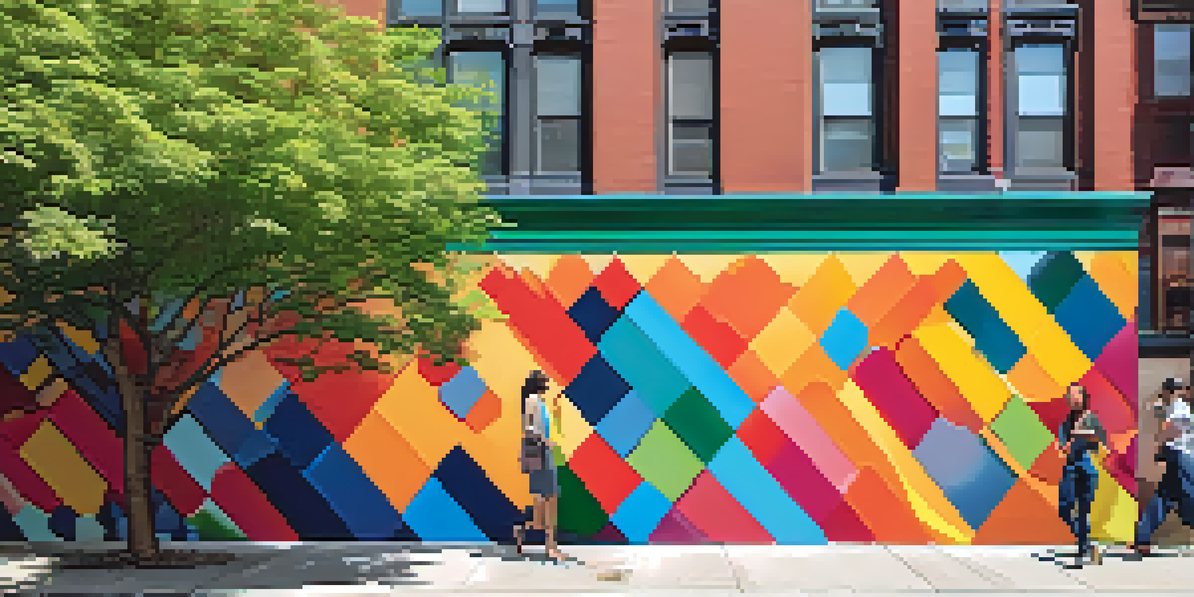 A lively street in River North, Chicago, with people looking at a colorful mural on a brick wall, showcasing abstract shapes and bright colors.
