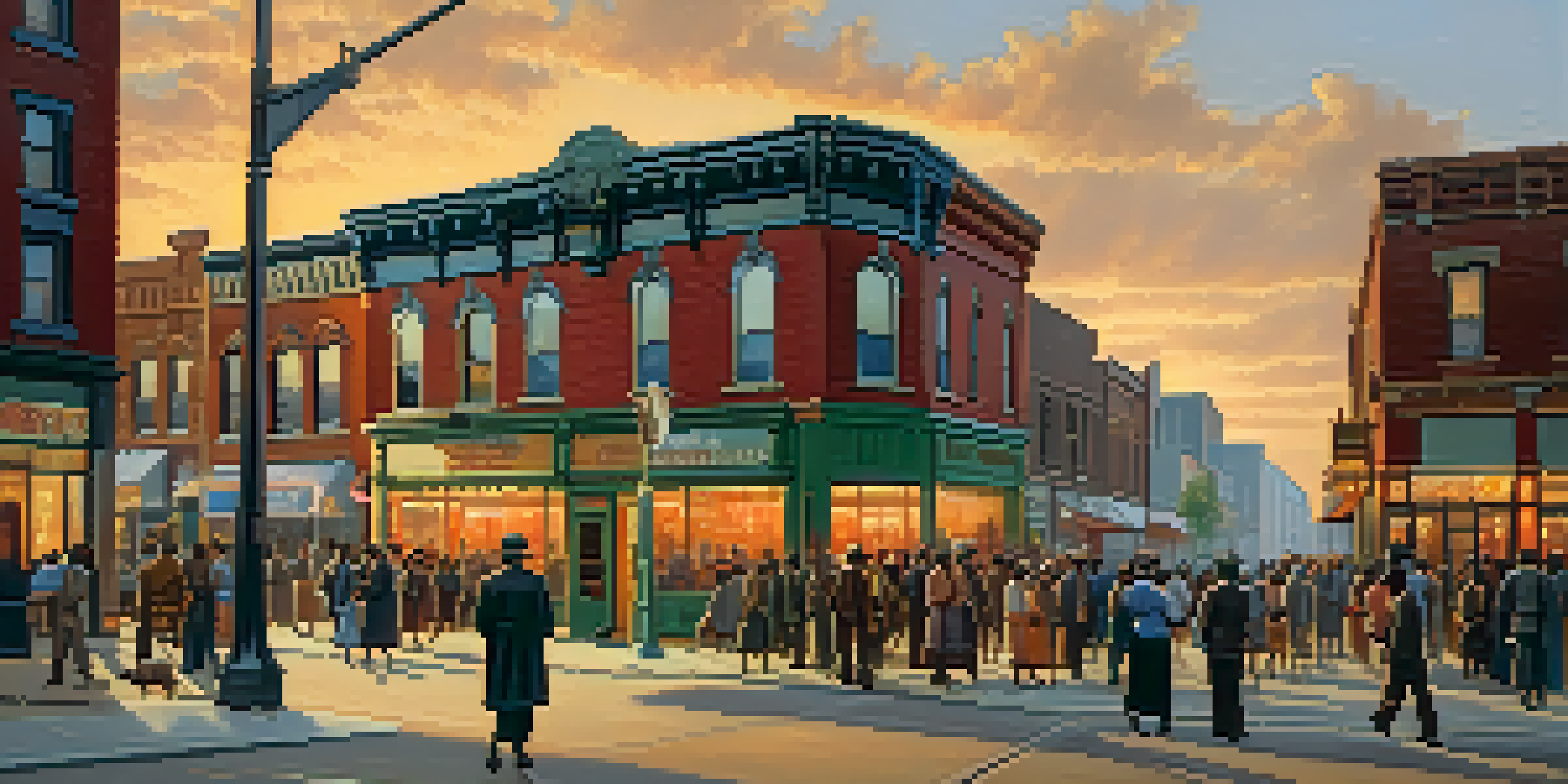 A lively street scene in Bronzeville during the 1920s, featuring families and musicians in a colorful setting.
