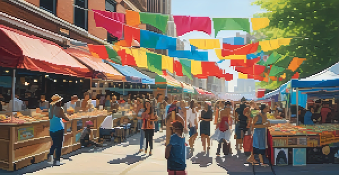 A lively street scene in Chicago showing a cultural festival with people enjoying music and art, colorful banners, and food stalls under warm sunlight.