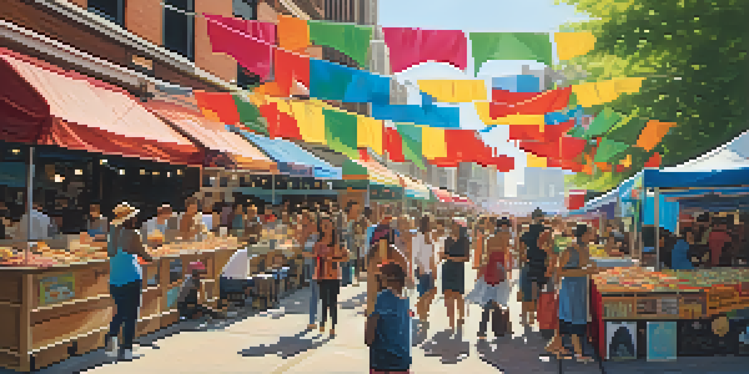 A lively street scene in Chicago showing a cultural festival with people enjoying music and art, colorful banners, and food stalls under warm sunlight.