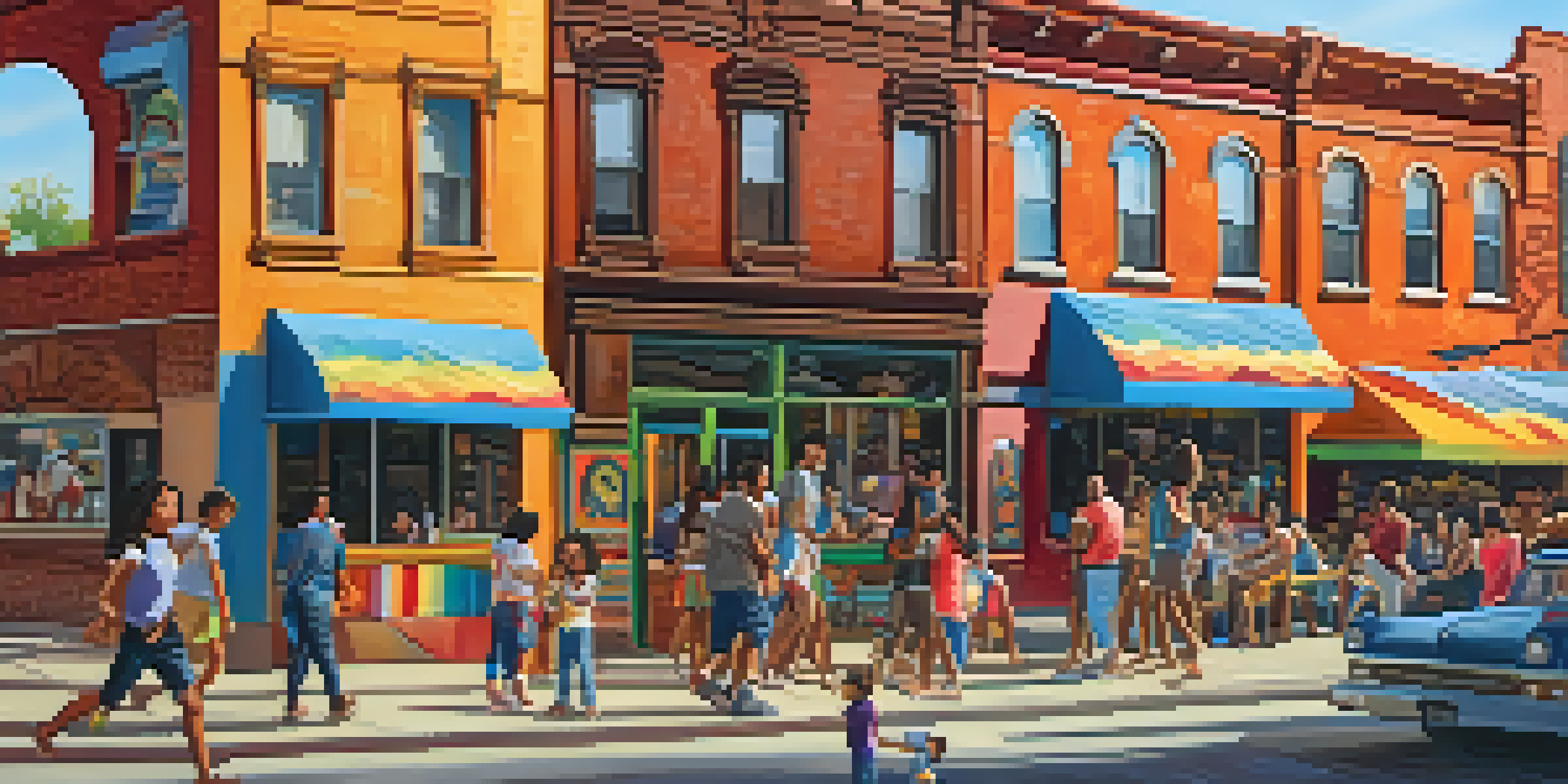 A lively street in Pilsen with colorful murals and families enjoying their day.