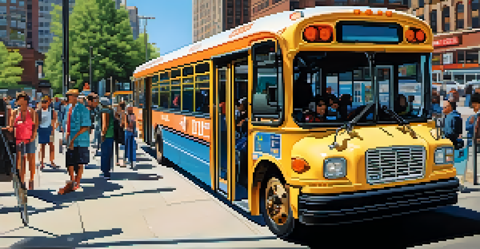 A low-floor CTA bus at a stop with people waiting, featuring accessibility features like a wheelchair ramp, under a sunny Chicago sky.