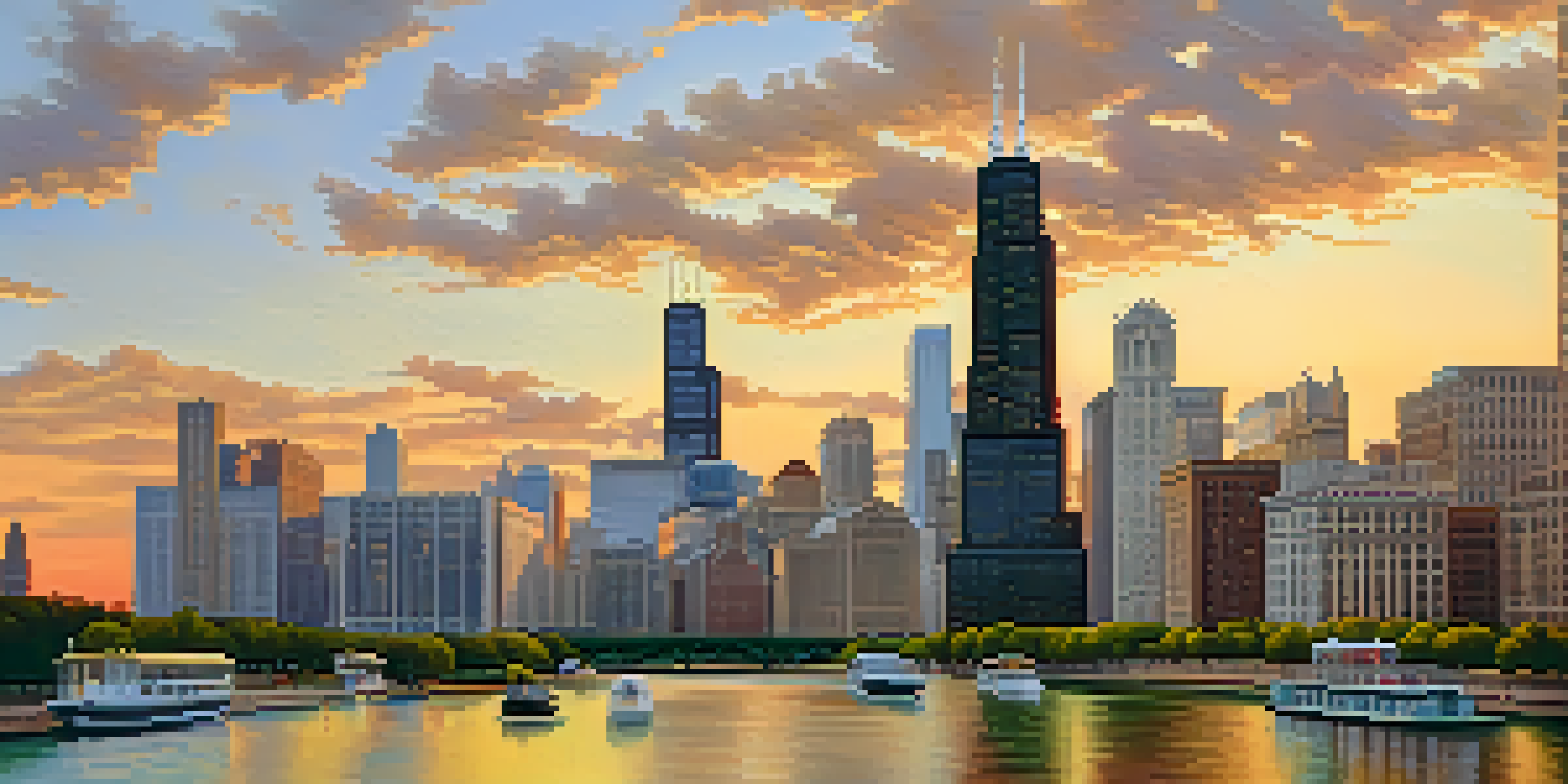 A panoramic view of Chicago's skyline during sunset, with skyscrapers reflecting golden light in the river and green parks nearby.