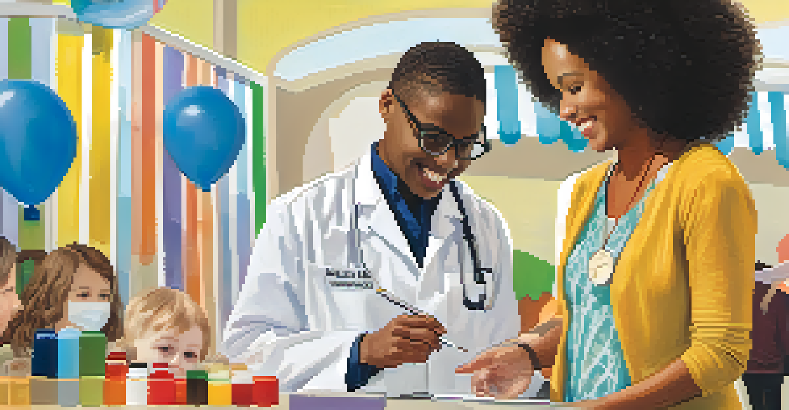 A healthcare professional measuring a child's height and weight at a health fair, with parents observing happily in a supportive environment.