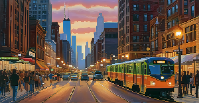 A busy Chicago street at sunset featuring the elevated 'L' train, pedestrians walking, bicycles parked, and a glowing skyline.