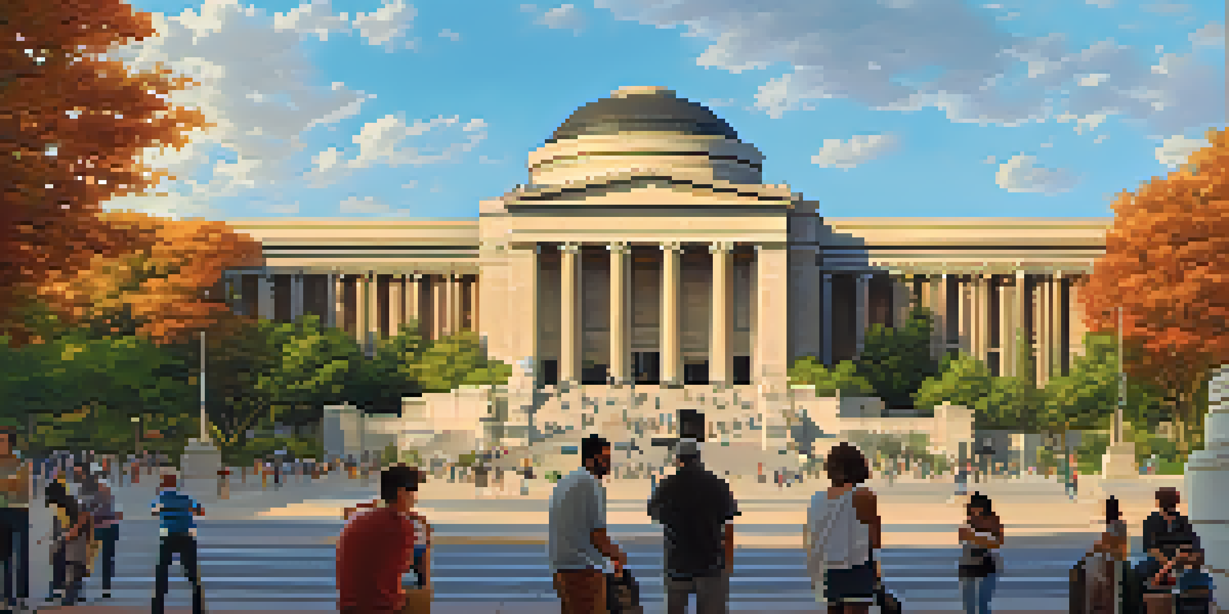 A wide shot of the Field Museum with Sue the T. rex statue, surrounded by greenery and visitors during sunset.