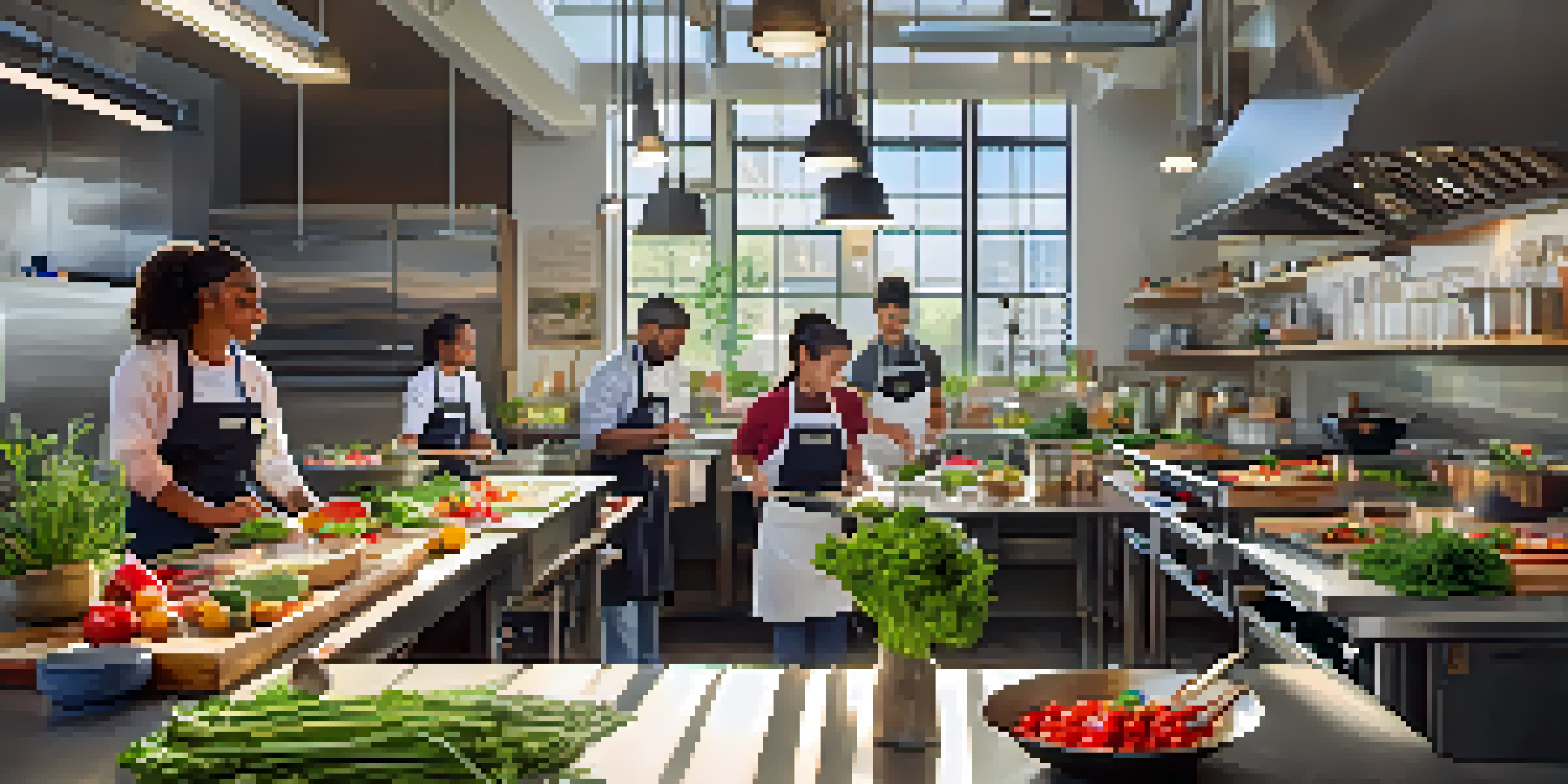 A busy culinary classroom with students cooking, surrounded by fresh ingredients and bright sunlight.