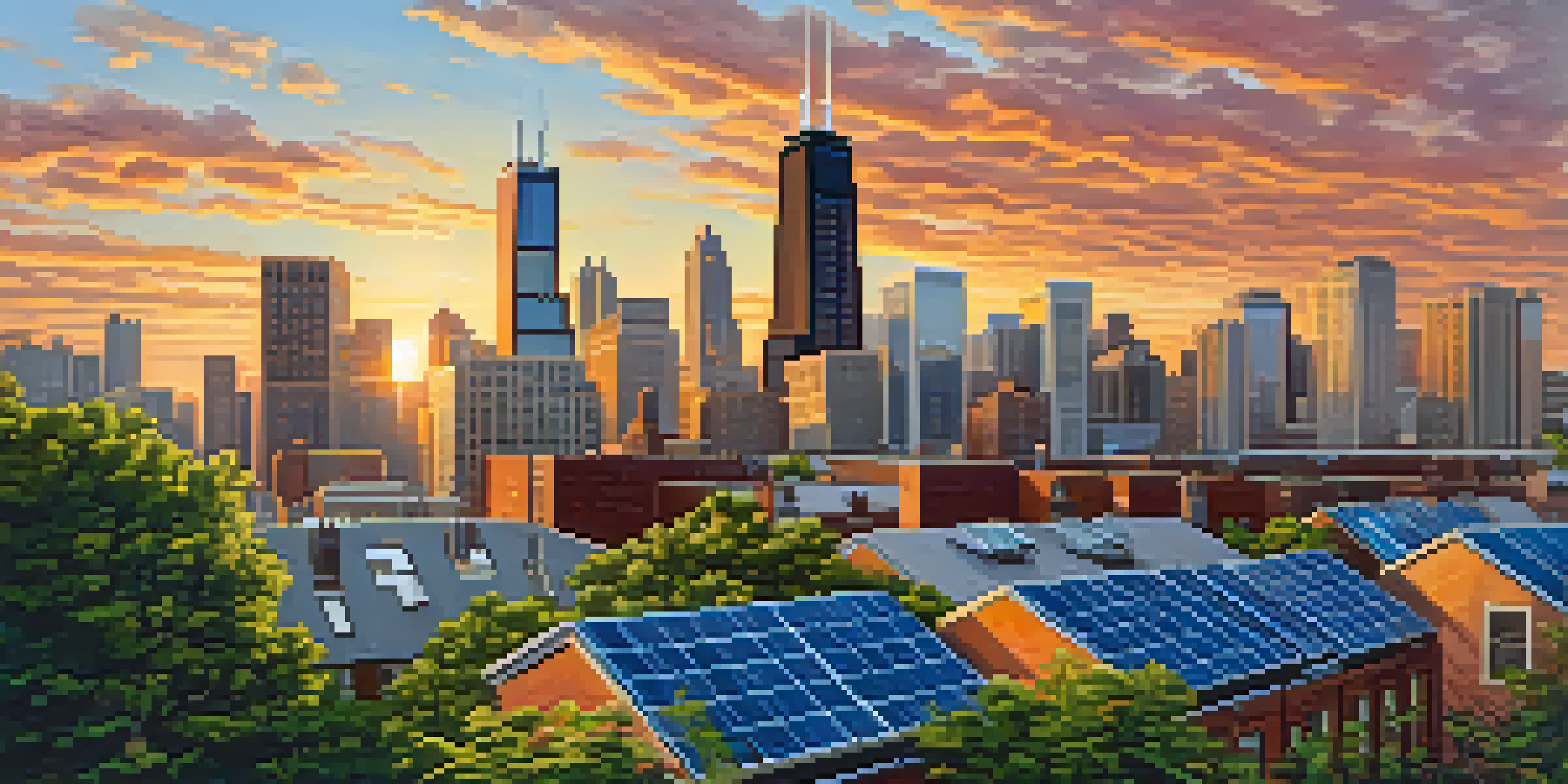 A sunset view of Chicago's skyline with solar panels on rooftops and greenery in the foreground.