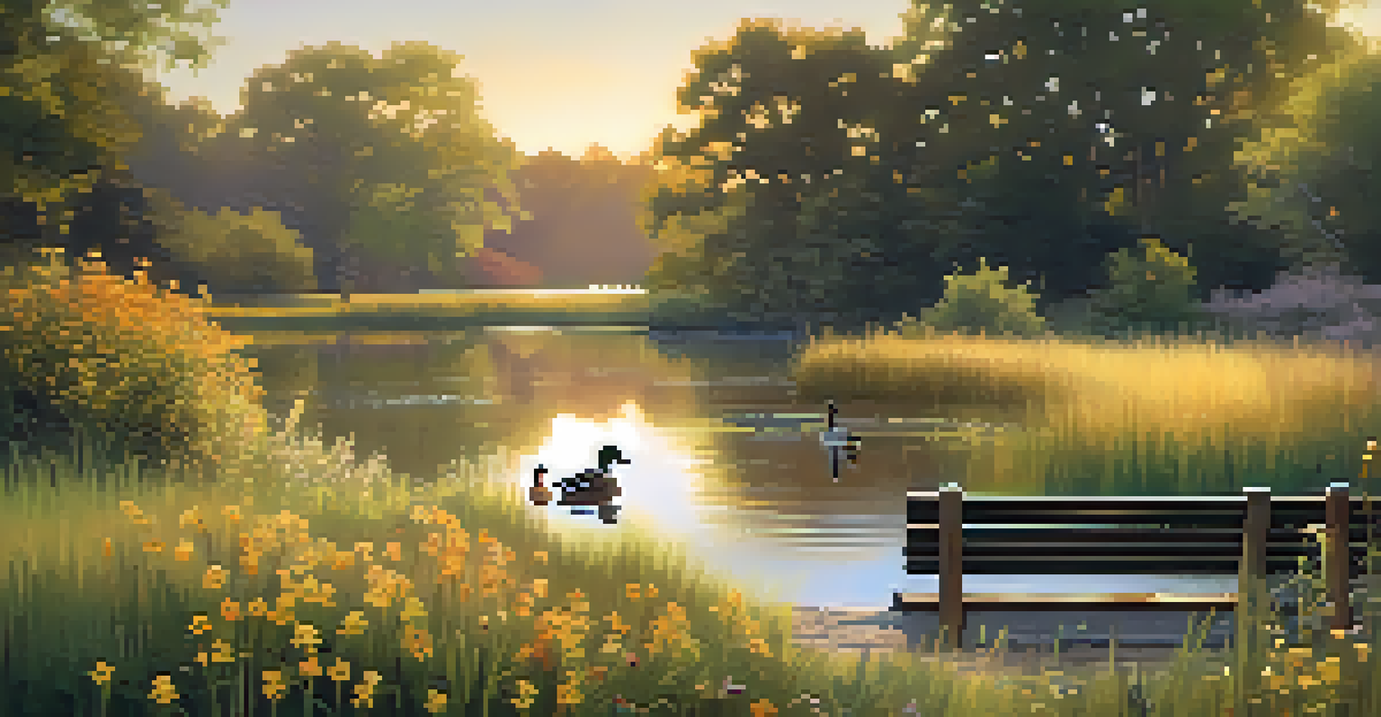 A peaceful scene at Lincoln Park with a pond, wildflowers, ducks swimming, and a couple sitting on a bench during golden hour.