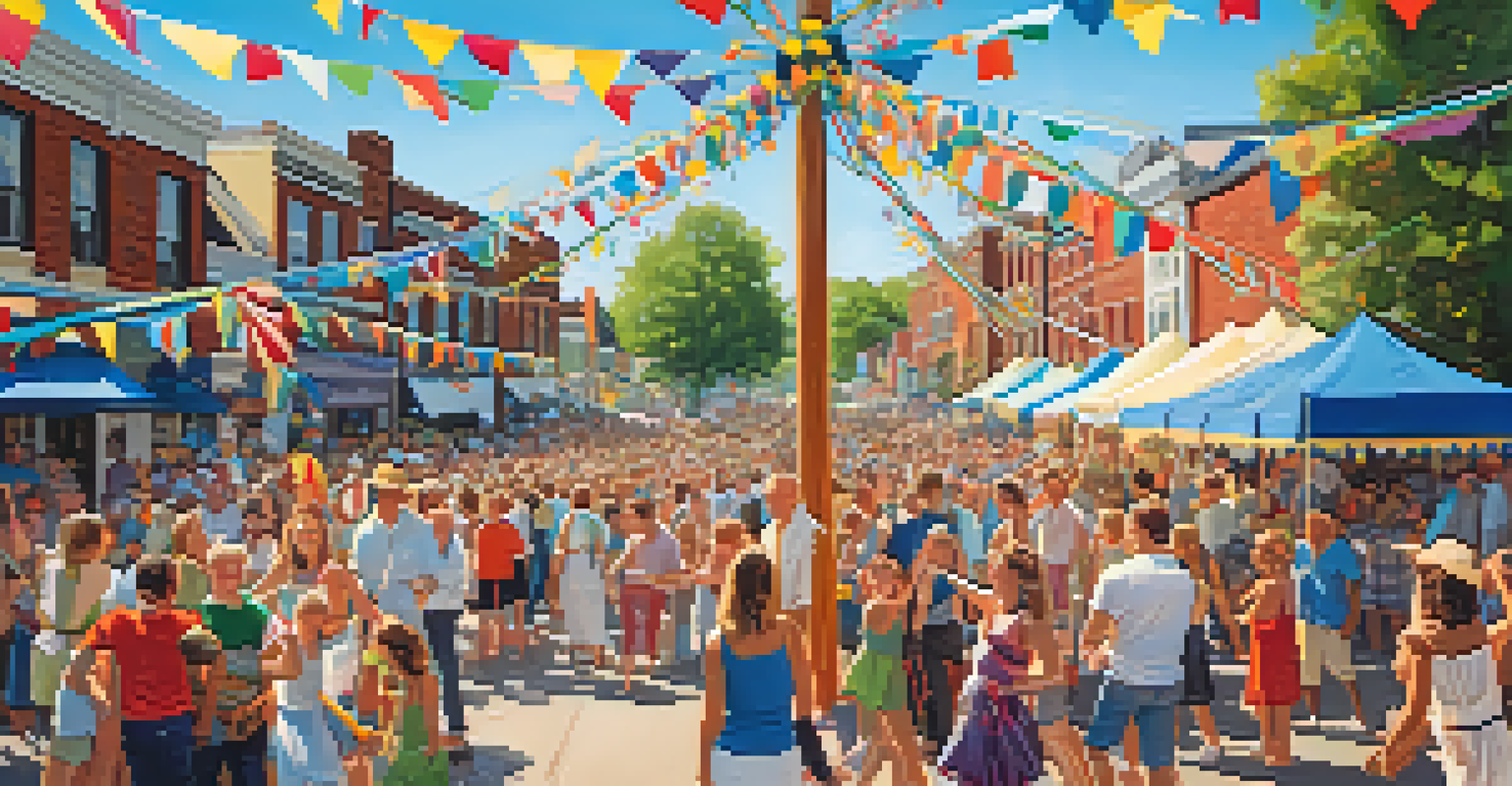 A lively festival scene featuring a maypole surrounded by families dancing and colorful tents at the Andersonville Midsommarfest.