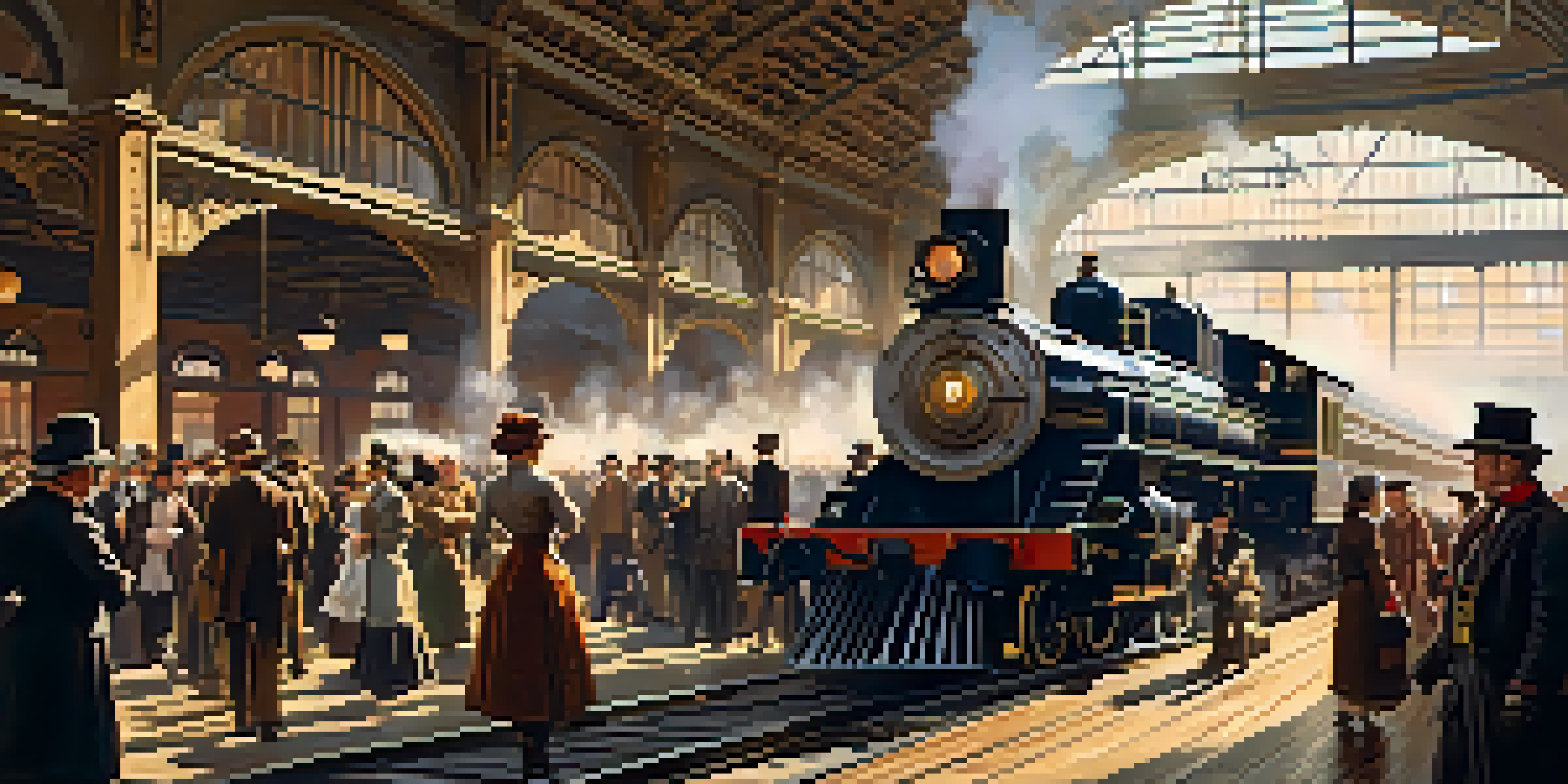 A historical depiction of a busy Chicago train station in the 19th century, featuring steam engines, vintage carriages, and people in period attire under warm sunlight.