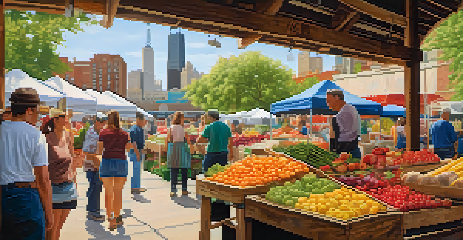 A close-up of a farmer's market in Chicago with colorful produce and engaged shoppers.