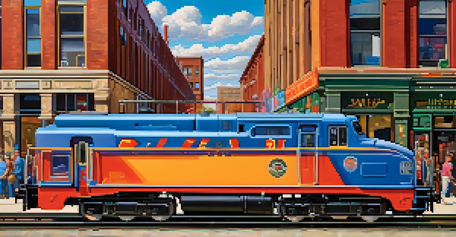 An artistic depiction of a diesel locomotive traveling through a lively Chicago neighborhood, surrounded by murals and shops, showcasing urban energy.