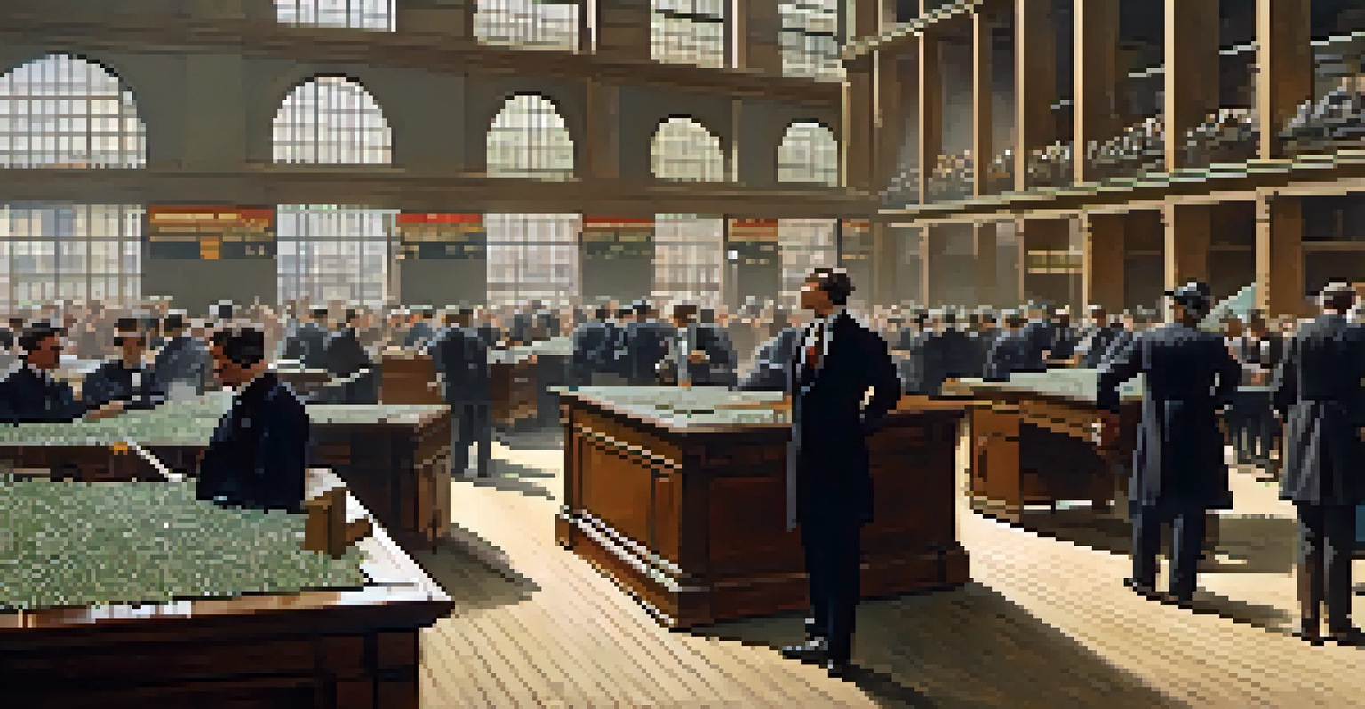 An interior view of the Chicago Stock Exchange in the 1800s, with traders using ticker tape machines and communicating stock prices.