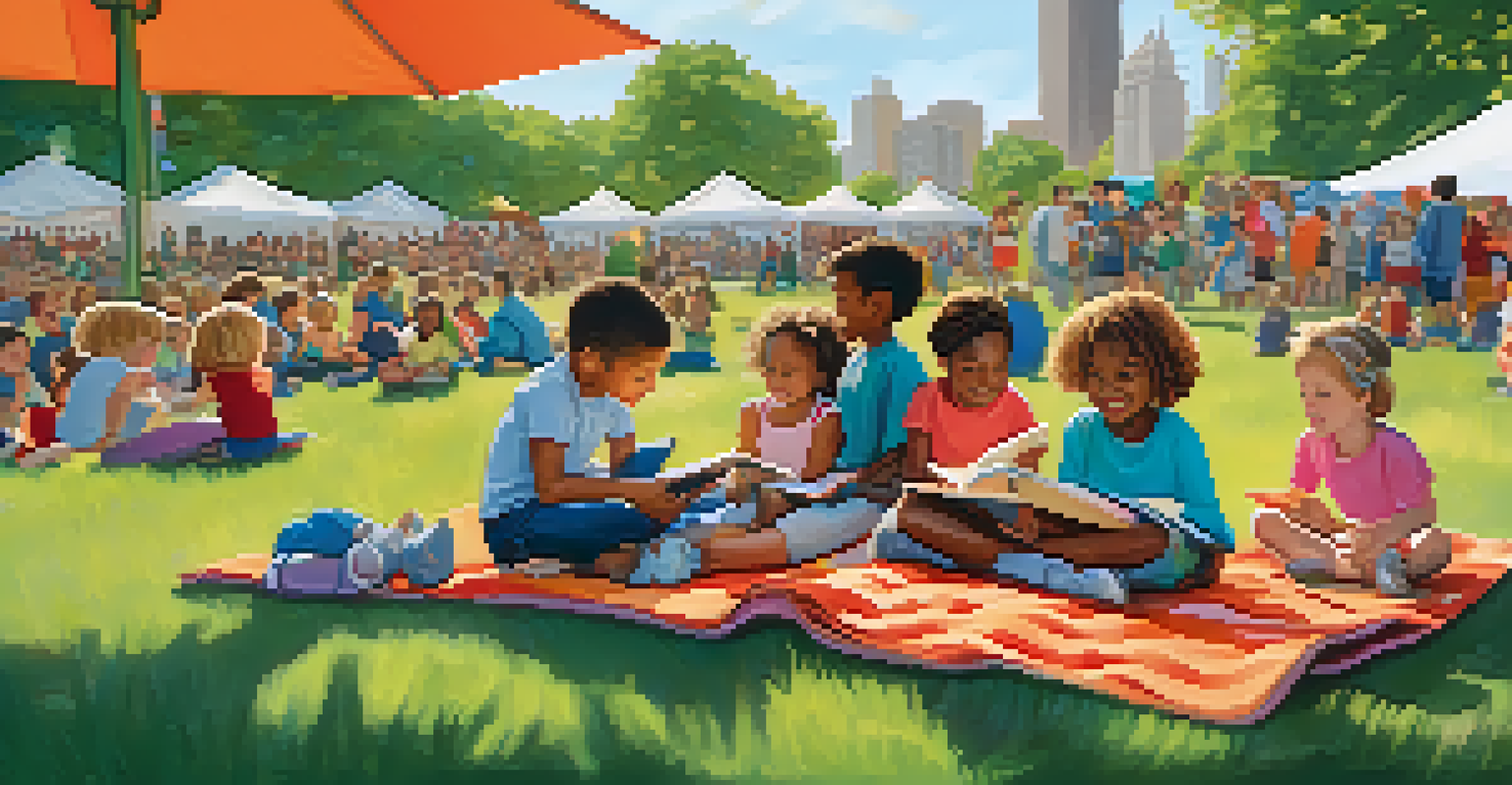 A child reading a picture book on a blanket at a Chicago book festival, surrounded by other children and a joyful atmosphere.