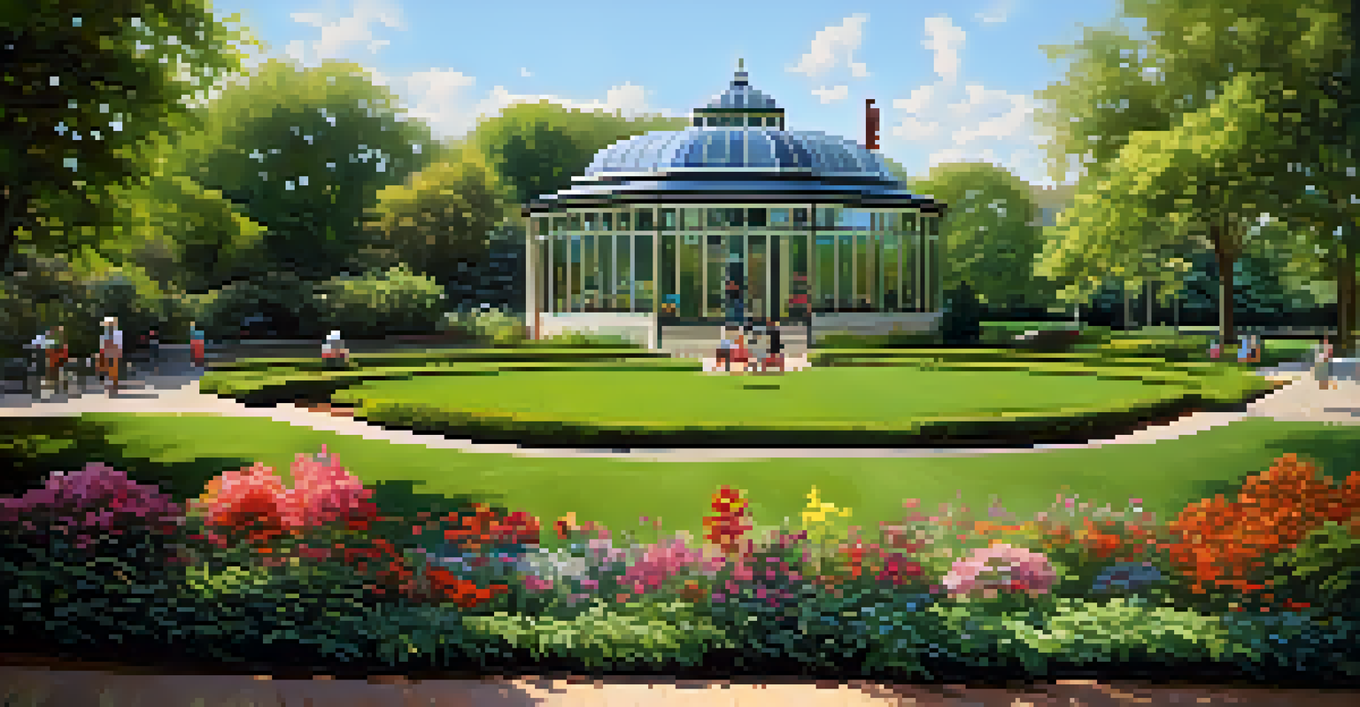 A peaceful park scene in Lincoln Park with gardens, a glass conservatory, and families enjoying a sunny day.
