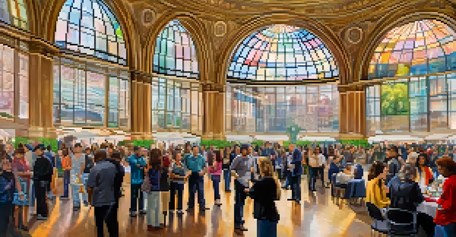 Community event under the Tiffany Dome with local artists and a diverse audience enjoying the art.