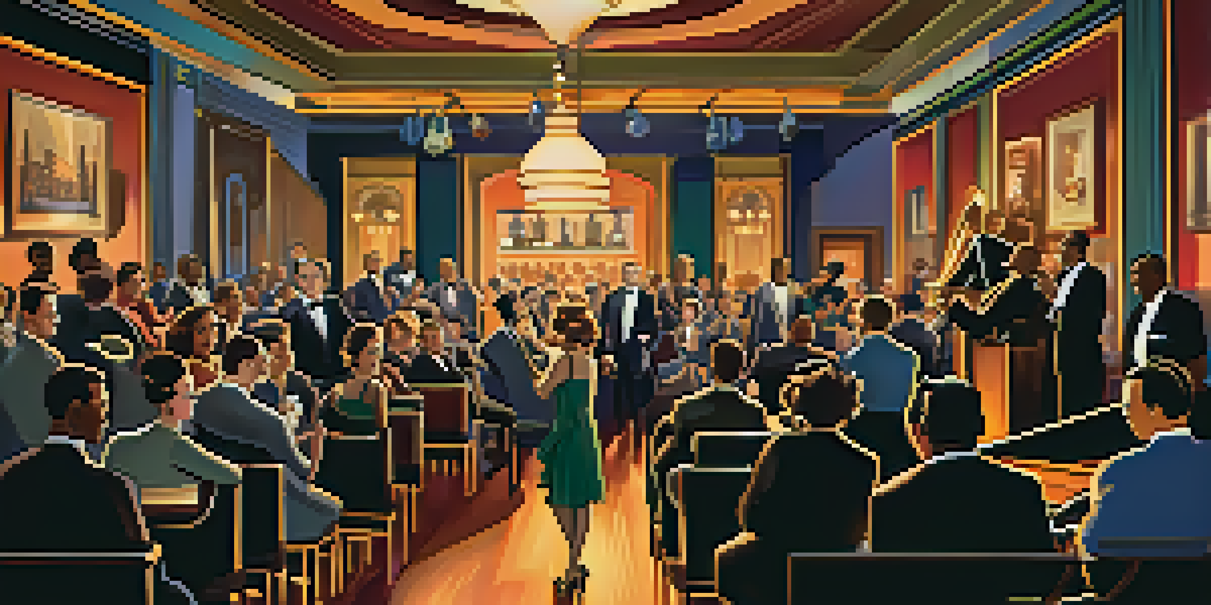 A lively jazz club in Chicago during the 1920s, showcasing musicians performing on stage with a warm glow from vintage lighting.