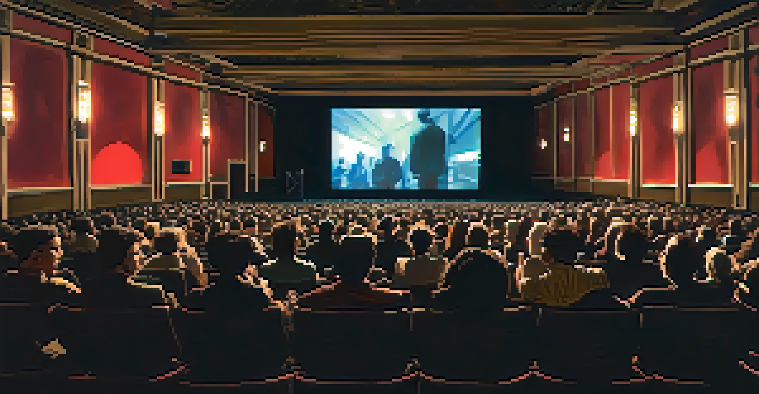 A captivated audience watching a documentary film at the Chicago International Film Festival in a darkened theater.