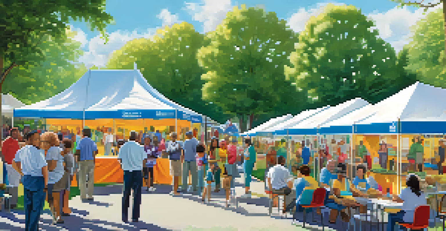 A lively community health fair in a park, with diverse attendees engaging with booths offering health screenings and resources under a clear sky.