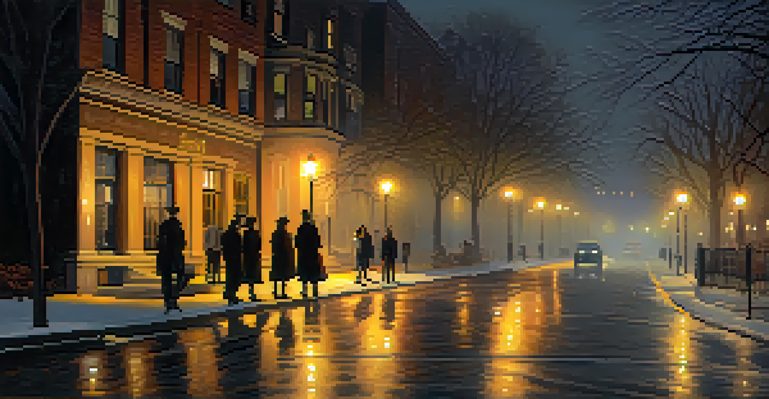 A ghost tour group with lanterns walking along a foggy street in Lincoln Park, Chicago, near historic buildings.