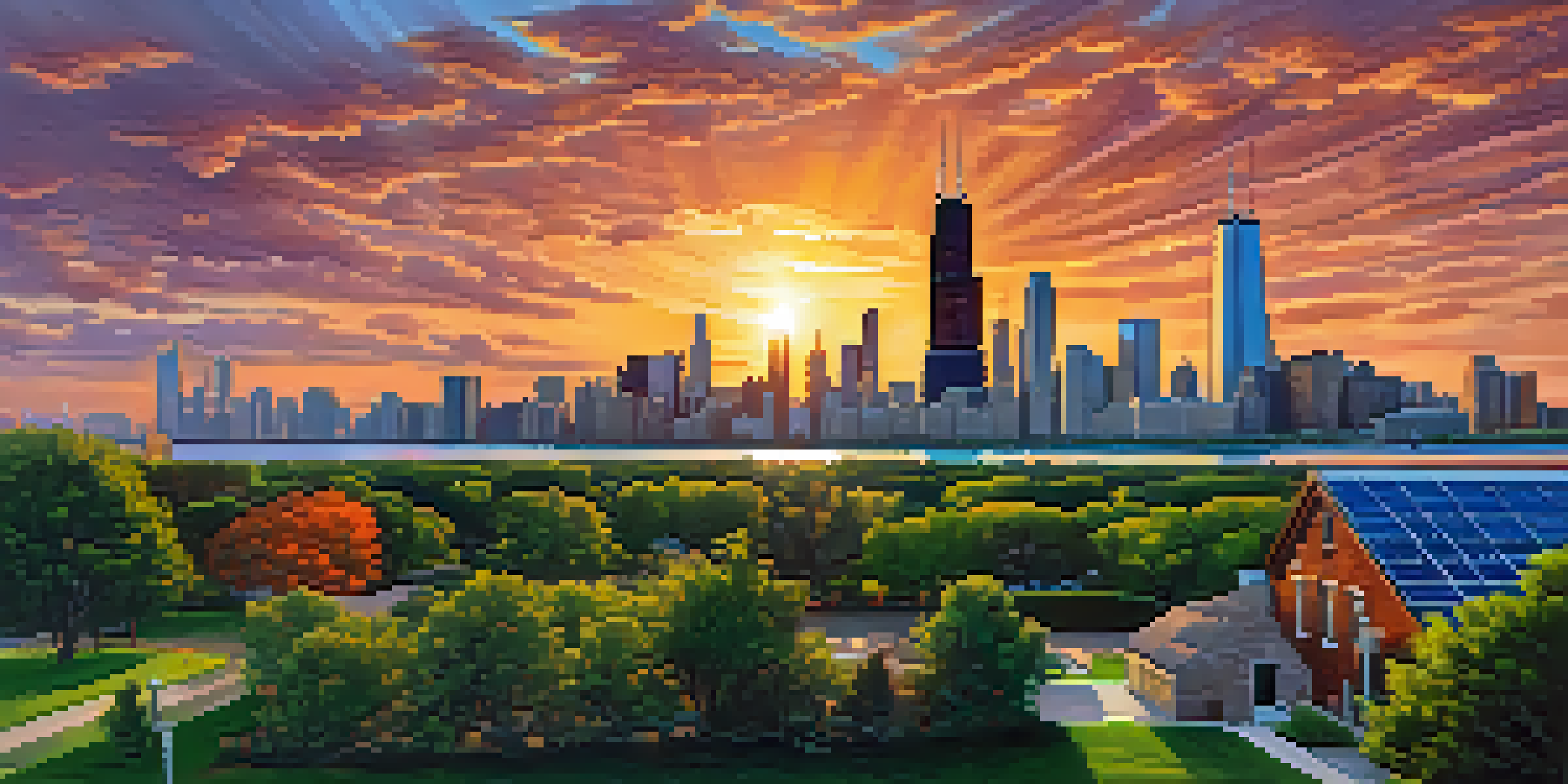 A panoramic view of Chicago's skyline at sunset, highlighting solar panels on rooftops and a green park in the foreground.