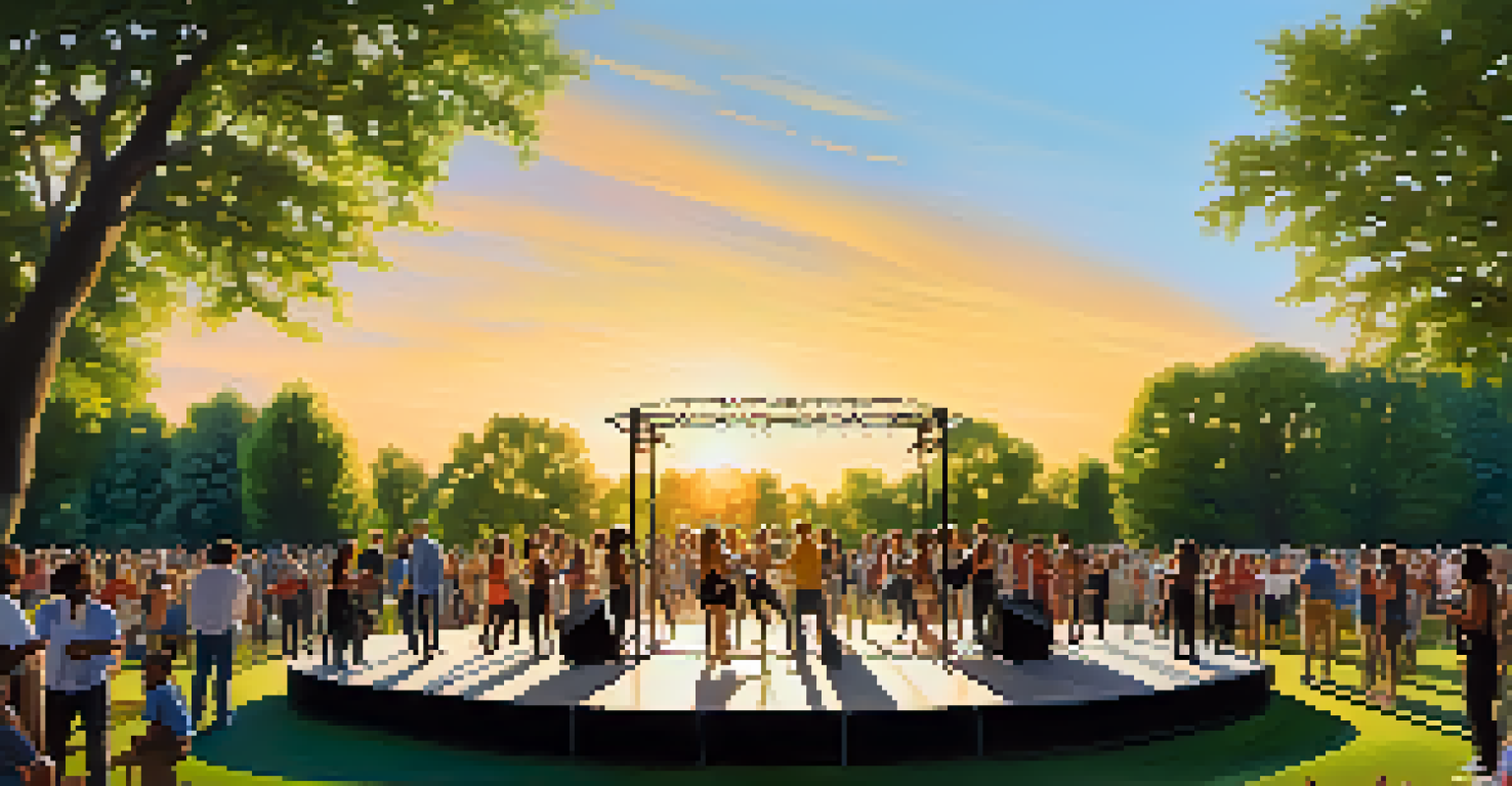 An outdoor performance in a Chicago park featuring dancers, musicians, and visual artists, with a diverse audience under a sunset sky.