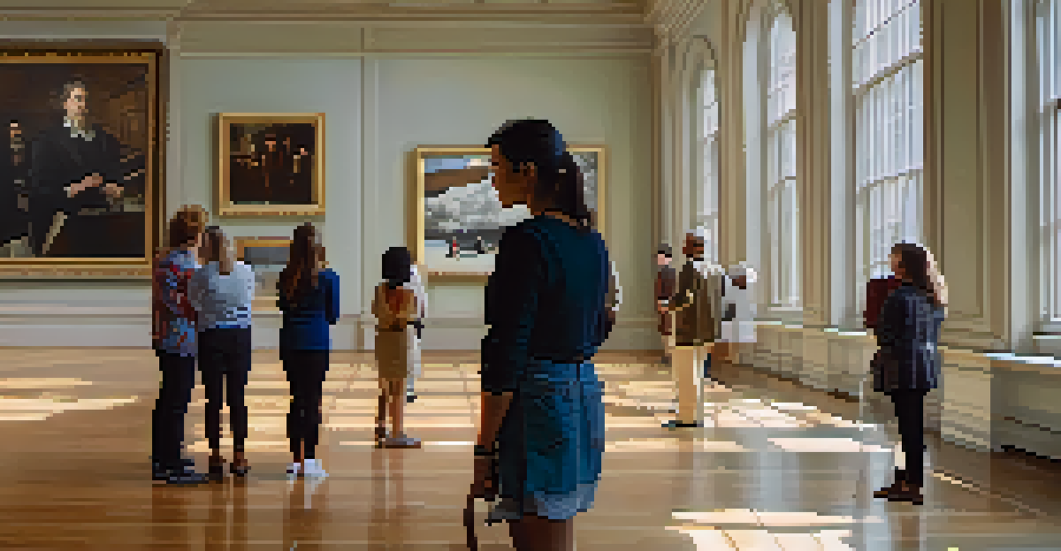 An interior view of the Art Institute of Chicago, featuring people of different backgrounds admiring a painting, with natural light enhancing the atmosphere.
