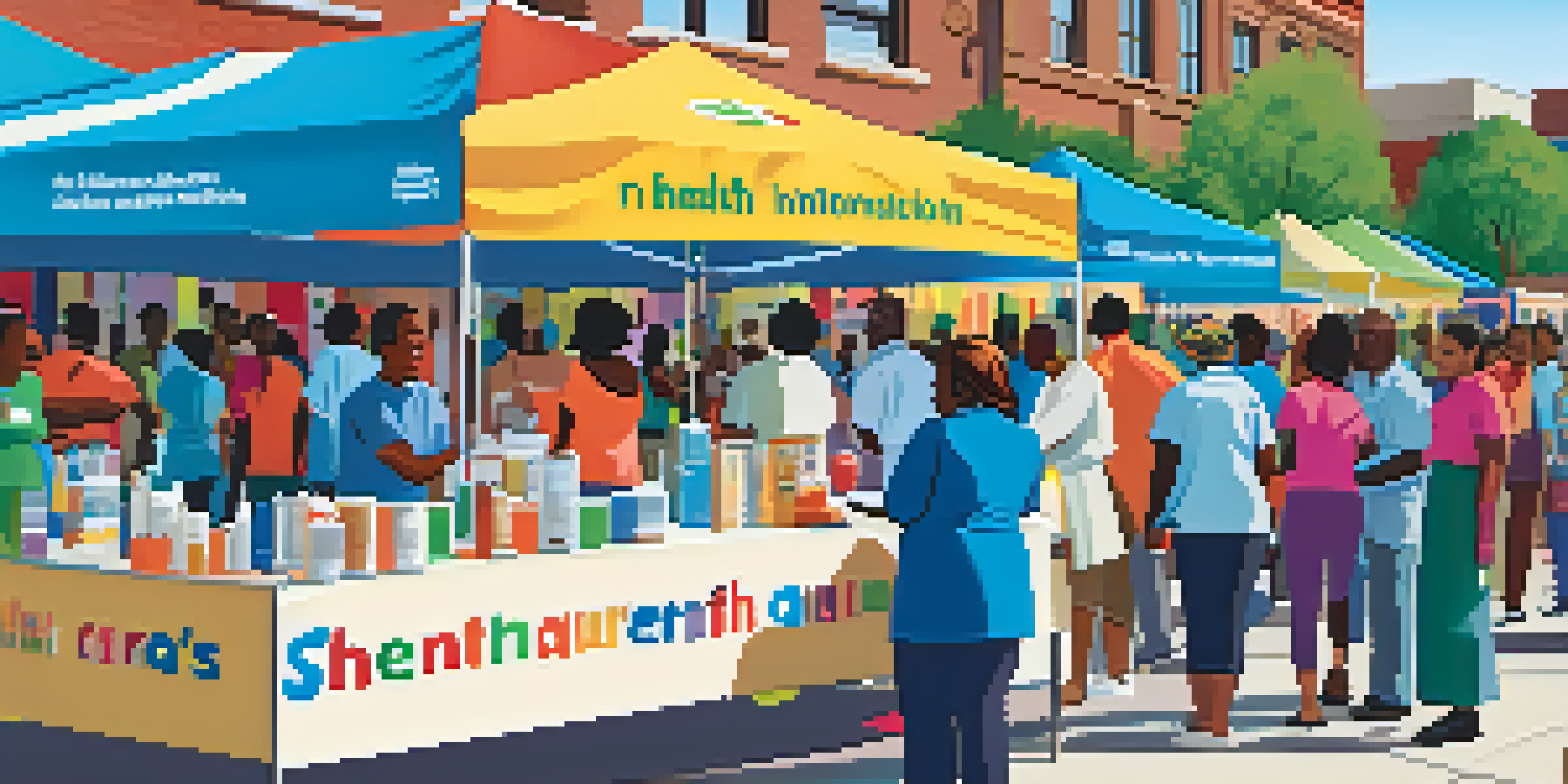 A lively community health fair in Chicago with diverse attendees interacting with healthcare providers, colorful banners, and engaging workshops.