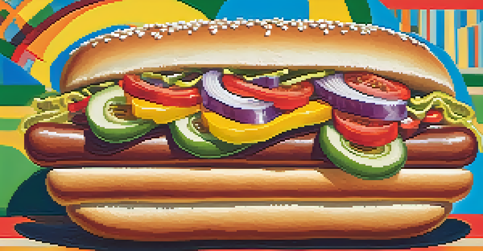A Chicago-style hot dog with various colorful toppings on a picnic table.
